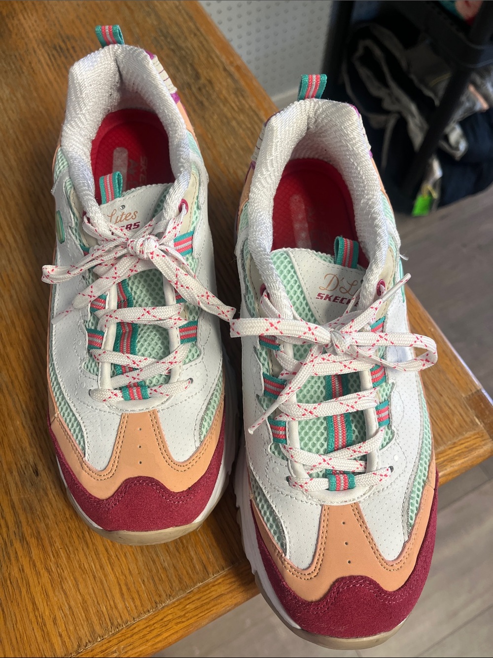 Skechers D’lites Women’s White Sneakers with Mint, Peach & Burgundy Accents